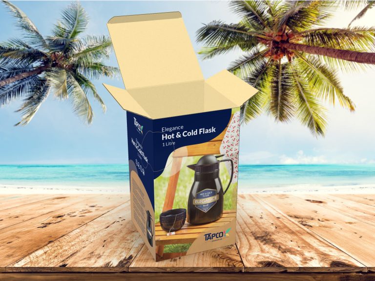 Vibrant flask packaging design with navy blue and mustard yellow colors