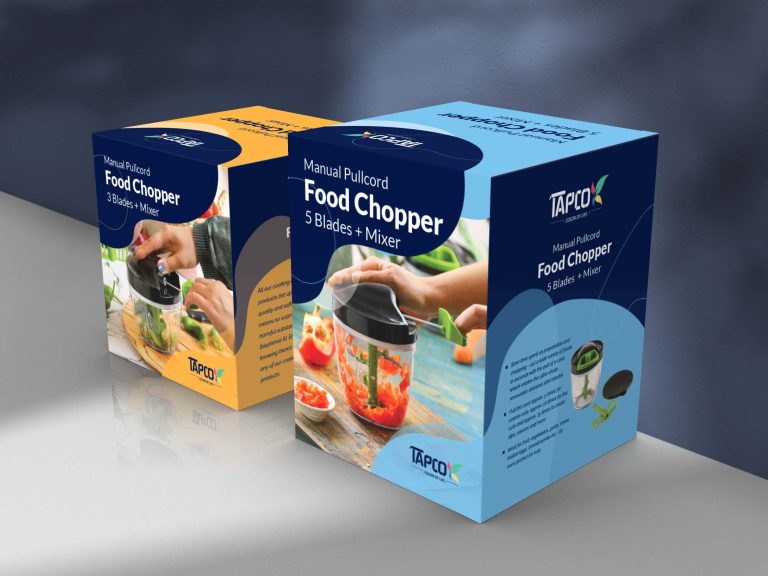 Triple-layer cardboard packaging for Topco’s 5-blade and 3-blade manual choppers with lock-top design.