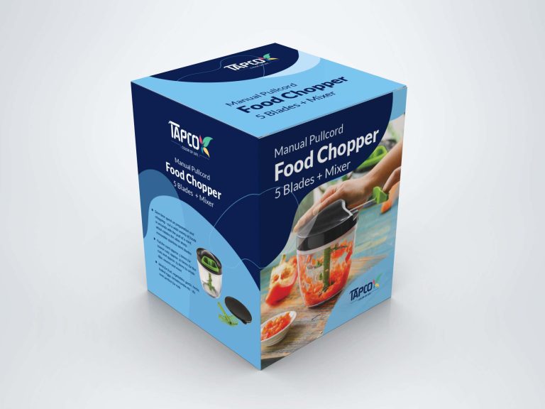 Mockup of Topco’s 5-blade manual chopper packaging, demonstrating product functionality and quality.